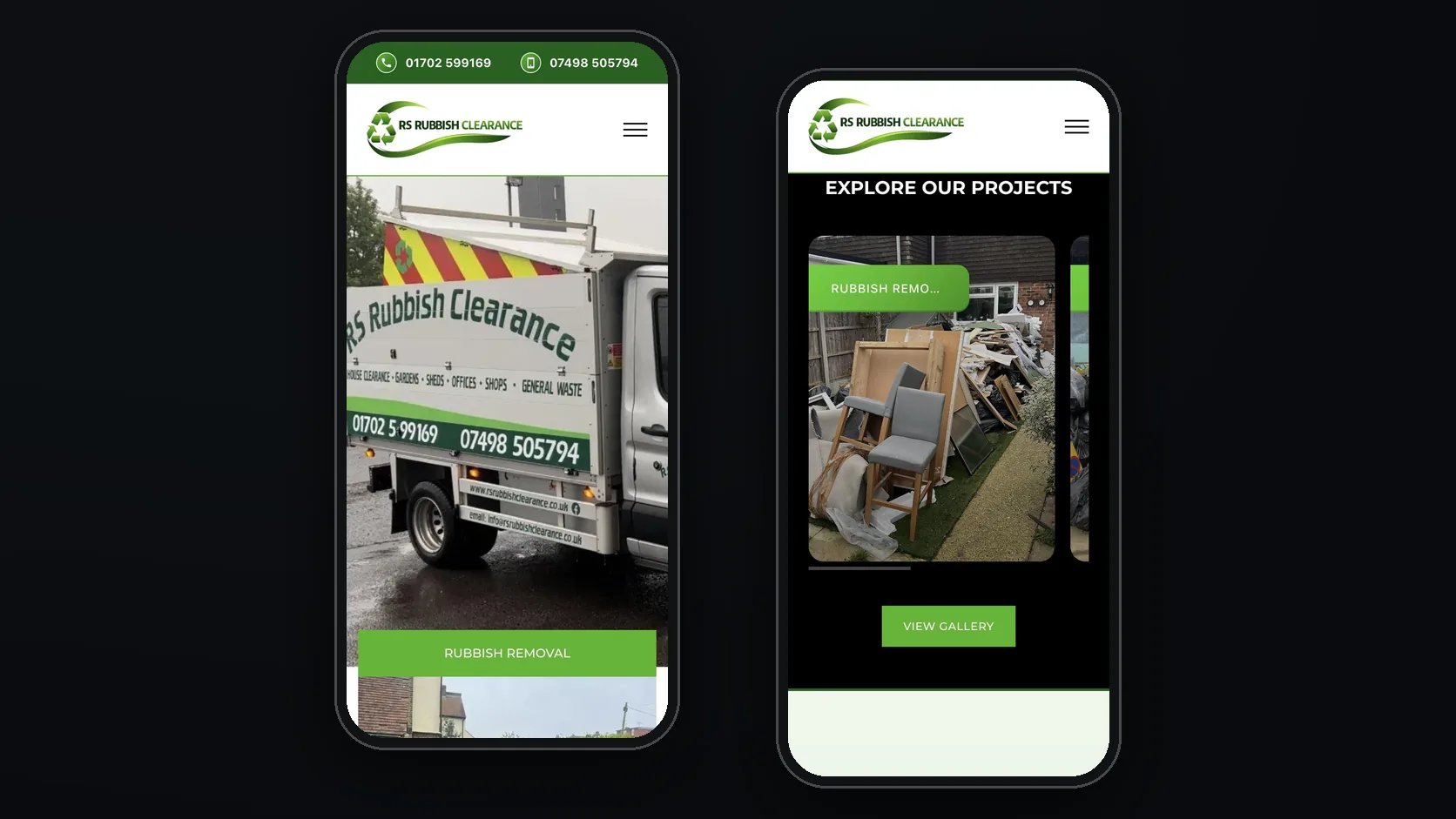 Mobile: the homepage and recent projects.