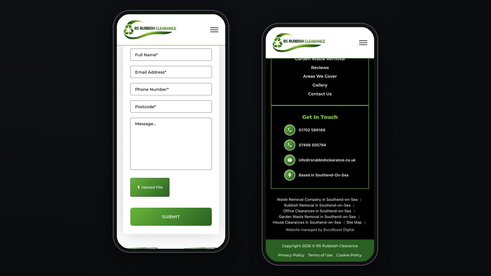 Mobile: the contact form and the footer credit.