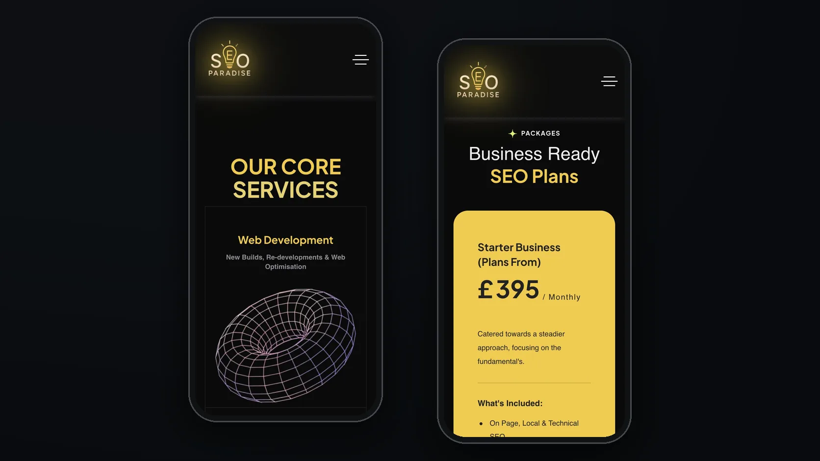 Mobile: service visuals and SEO plan cards.