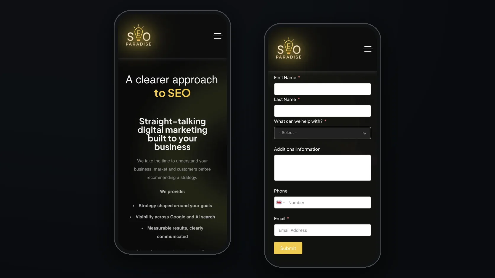Mobile: the approach section and the contact form.