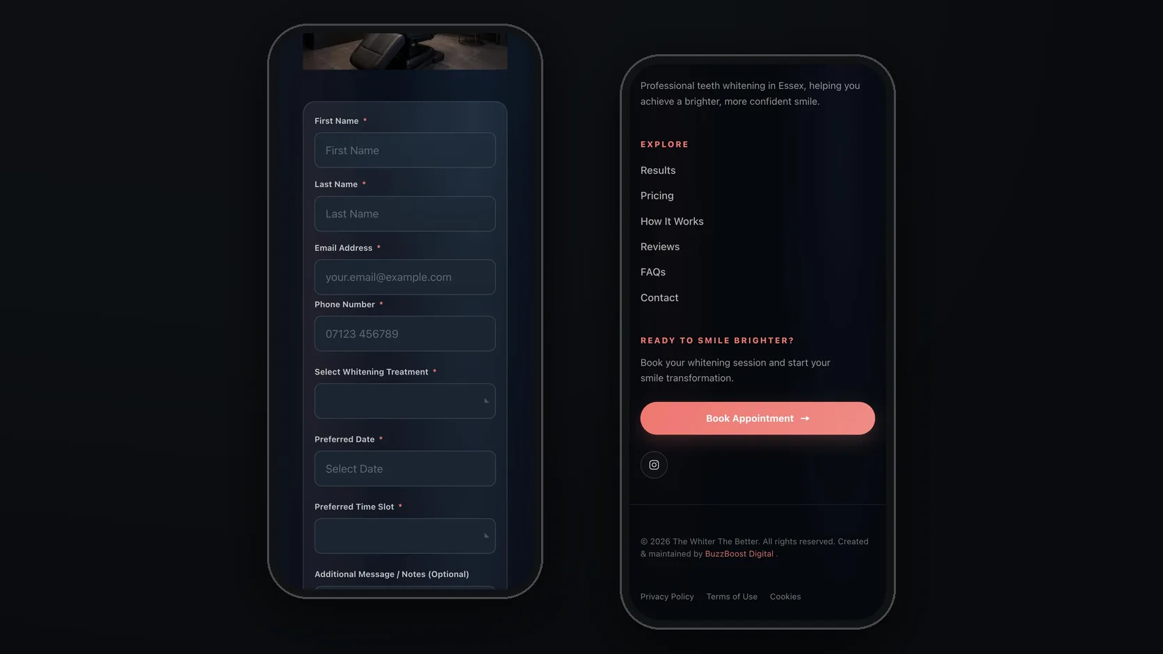 Mobile: the booking form and the footer credit.