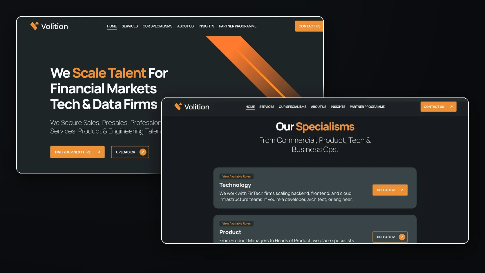 Desktop: two first steps on the homepage, and one card per specialism.