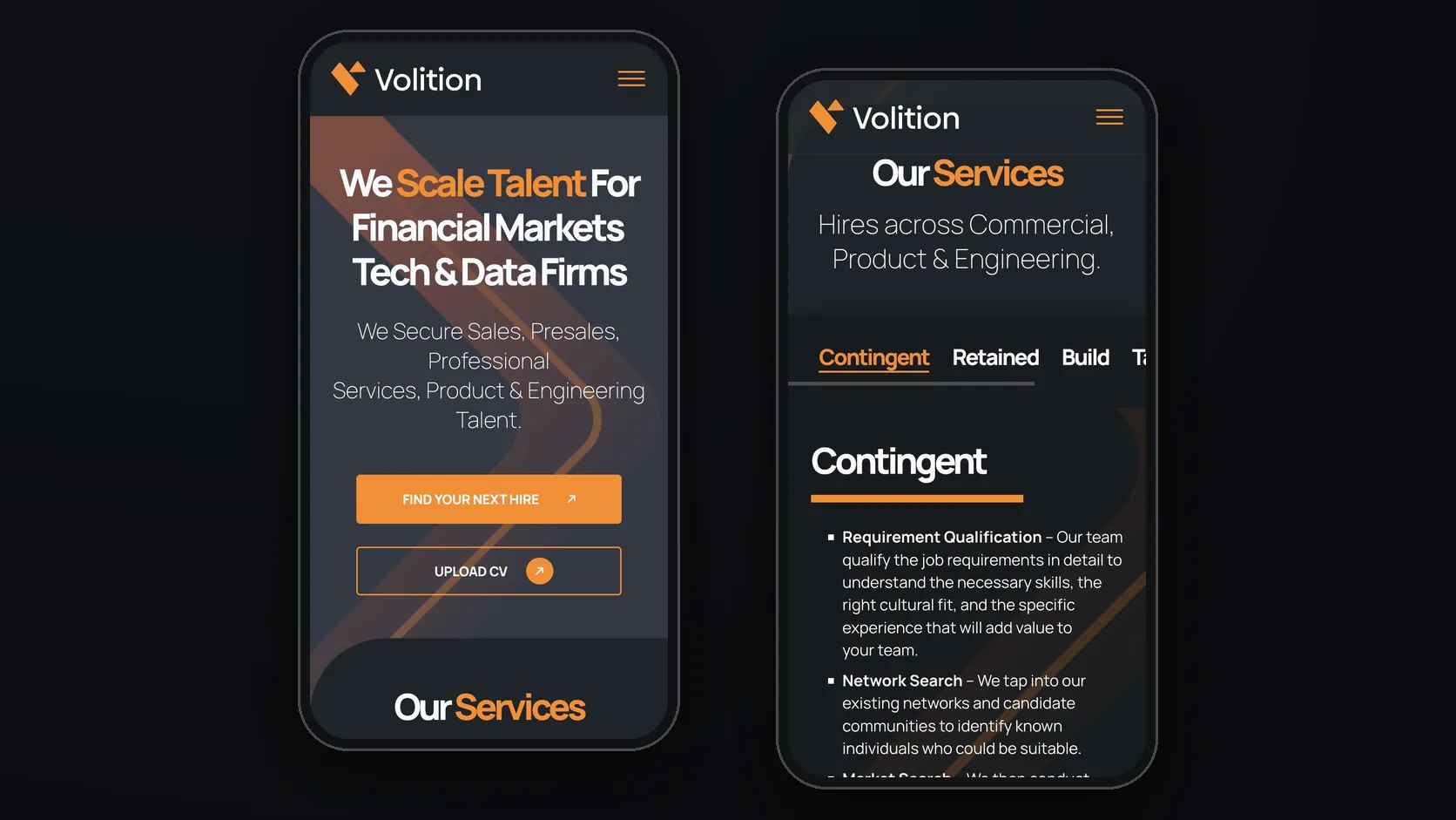 Mobile: the homepage and the tabbed services panel.