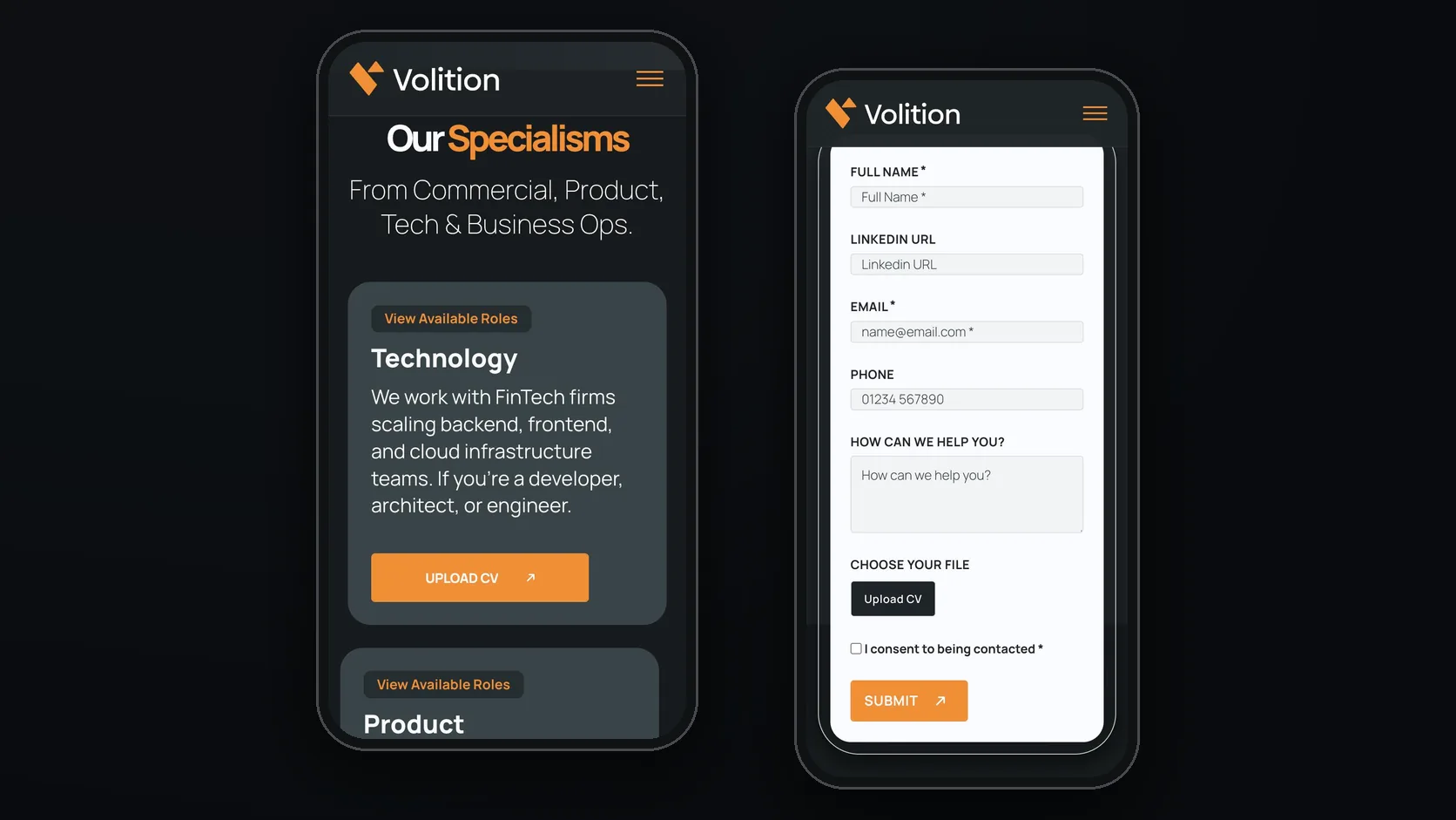 Mobile: specialism cards and the combined enquiry and CV form.