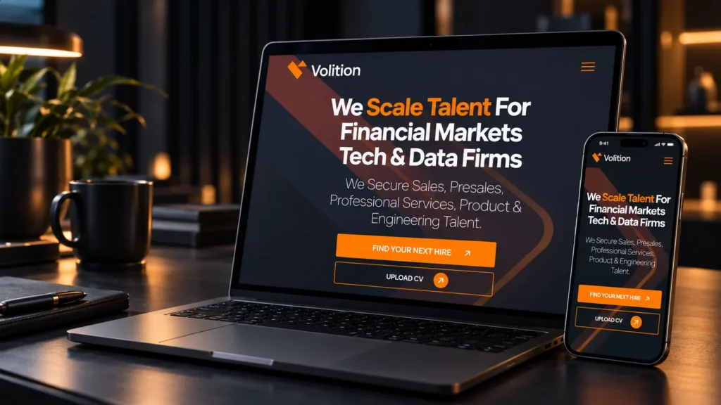 Volition's website on a laptop and a phone, with the headline “We Scale Talent For Financial Markets Tech & Data Firms”.