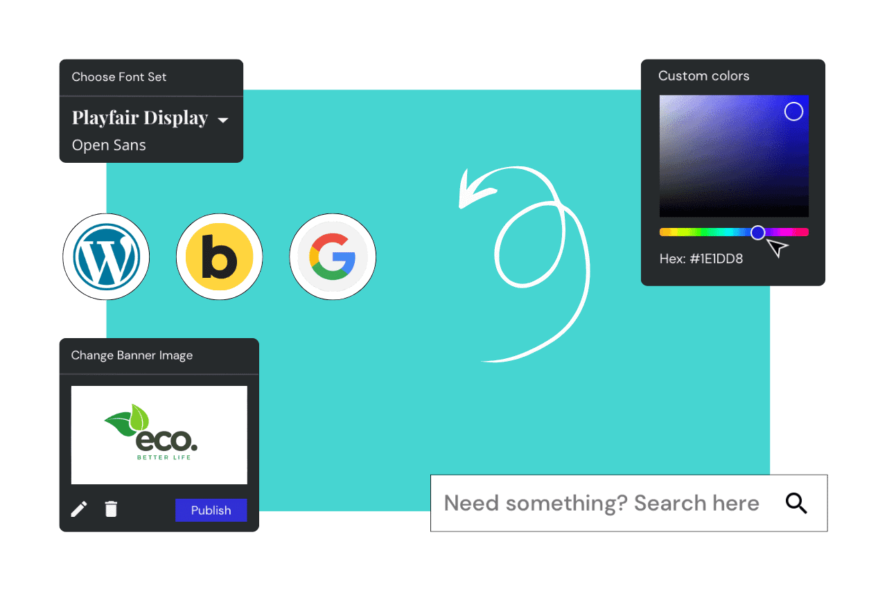 Image showcasing BuzzBoost's web design services with icons for WordPress, Google, and custom color adjustments.